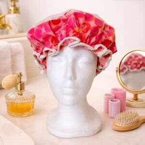 Vinyl Shower Cap Pink Polka Dot Retro 1960s VTG Pin Up Bathroom Hair Mod Glam